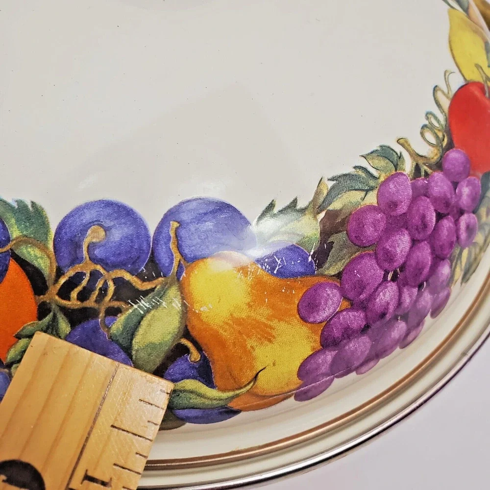Read Vintage Cornucopia Dutch Oven Enamel Fruit Covered Lid Pot Brass Casserole